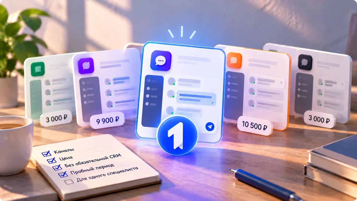 Список диалогов 1-чата: клиенты из Telegram, WhatsApp* и MAX в одном окне, у каждого значок канала и счётчик непрочитанных