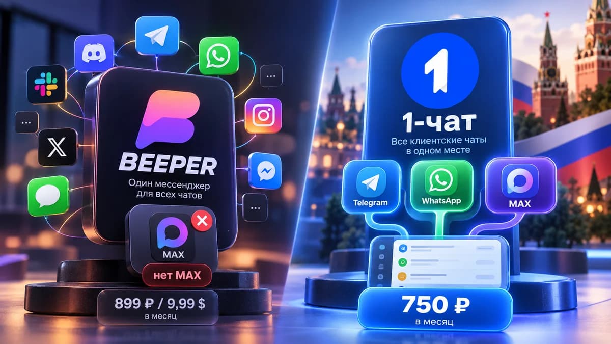 Список диалогов 1-чата: клиенты из Telegram, WhatsApp* и MAX в одном окне, у каждого значок канала и счётчик непрочитанных