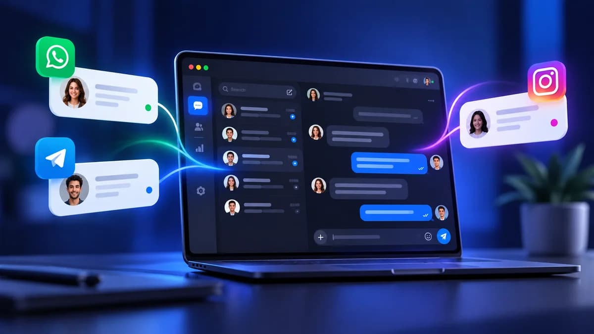 Список диалогов 1-чата: клиенты из Telegram, WhatsApp* и MAX в одном окне, у каждого значок канала и счётчик непрочитанных