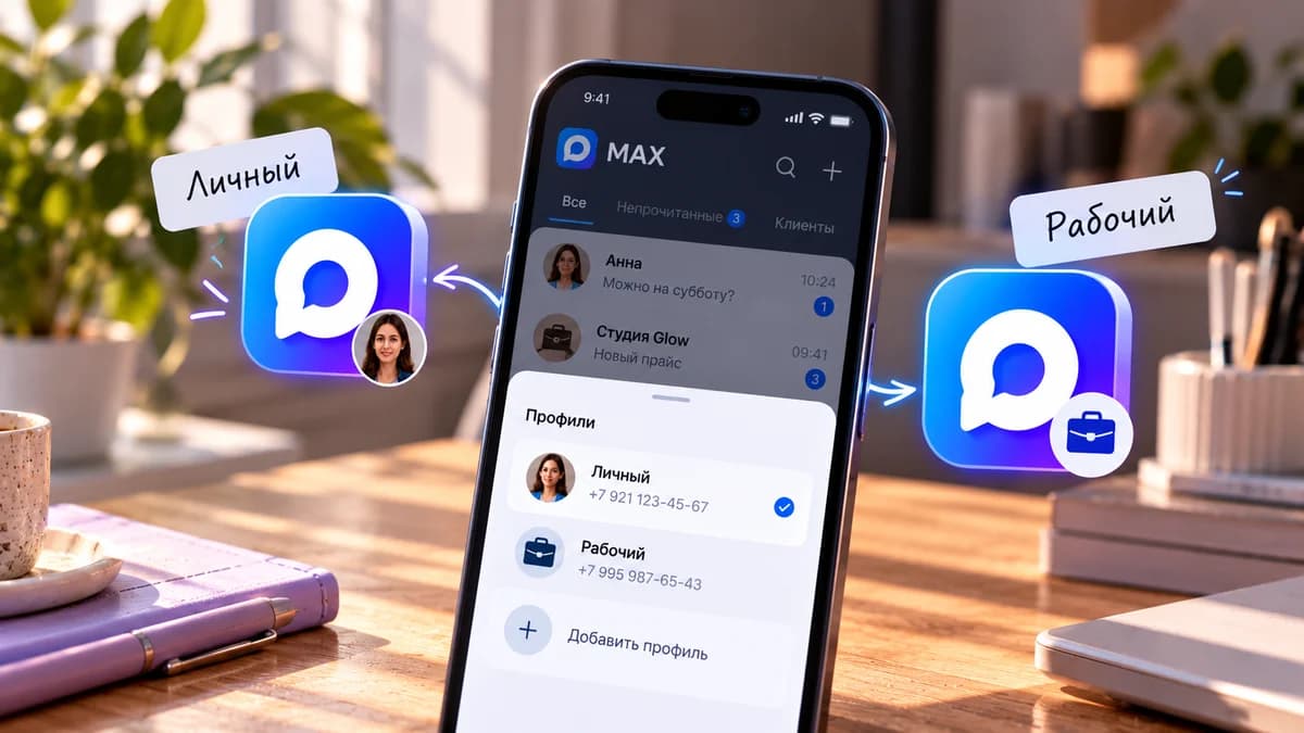 Окно 1-чата: открыт диалог с клиенткой в MAX, слева общий список диалогов из Telegram, WhatsApp* и MAX